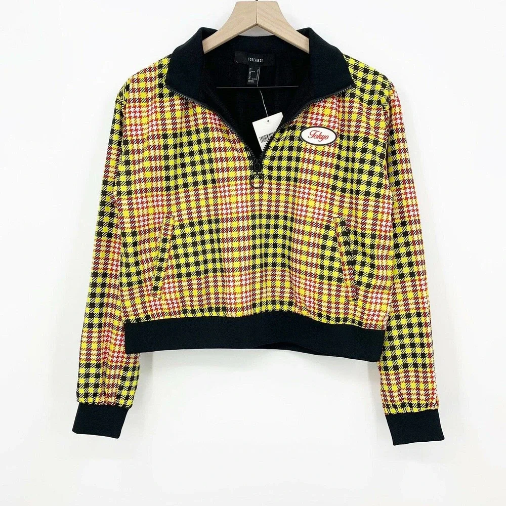 Forever 21 Cropped Jacket S Houndstooth Tokyo Patch Y2K Streetwear Harajuku Punk